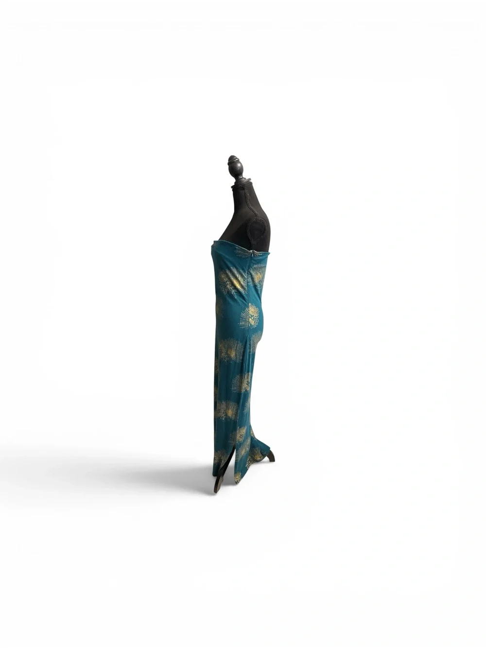 Strapless Teal Evening Column Dress with Gold Floral Accents